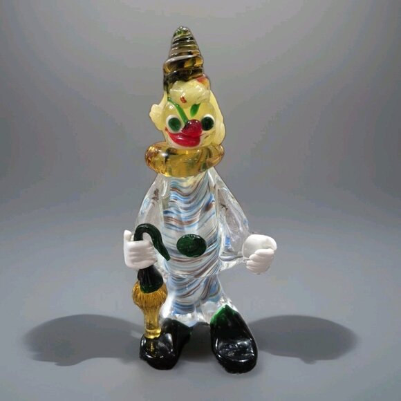 VINTAGE MURANO 1950’s GLASS CLOWN FIGURINE. CLOWN WITH UMBRELLA! HAND MADE-BLOWN - Picture 1 of 8
